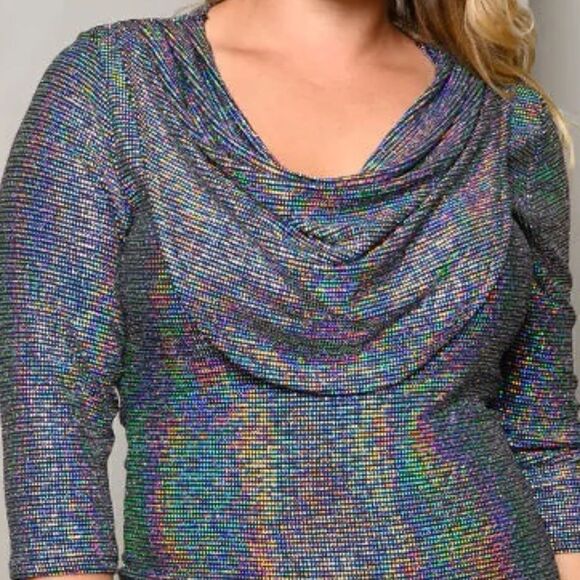 NEW! PLUS Long Sleeve Draped Neck Shimmering Metallic Holiday Party Dress Boho - Picture 4 of 4